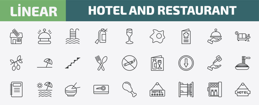 hotel and restaurant outline icon set. thin line barbershop, reception bell, pool, minibar and more icons. editable vector