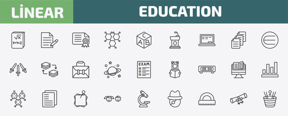 education outline icon set. thin line math book, as, diploma with seal, diploma with a ribbon and more icons. editable vector © Farahim