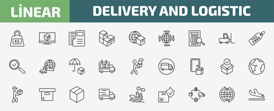 delivery and logistic outline icon set. thin line weight, delivery monitor, dossier, worldwide and more icons. editable vector
