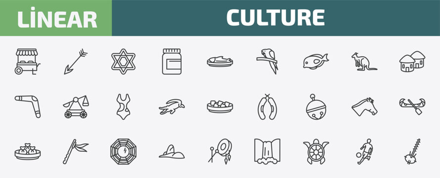 culture outline icon set. thin line food stall, native, david, brazil soccer player and more icons. editable vector