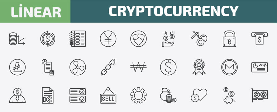 cryptocurrency outline icon set. thin line budget diagram, money flow, ledger, piggy bank and more icons. editable vector