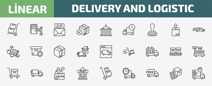 delivery and logistic outline icon set. thin line freight, delivery to the door, zip code, delivery list and more icons. editable vector