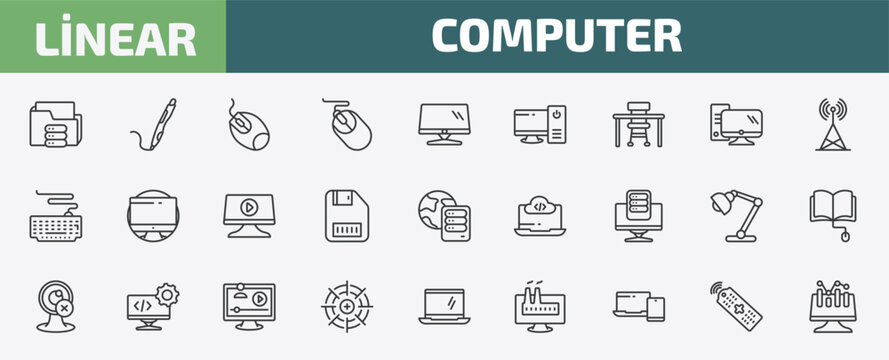 computer outline icon set. thin line connected folder data, 3d printing pen, mouse device, tv controller and more icons. editable vector
