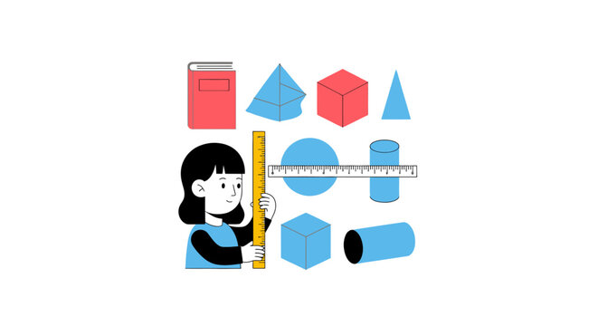 Child Learning Geometry Shapes and Measurement with Ruler and Book