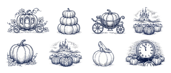 Naklejka premium Pumpkin carriage engraving illustration set showing Cinderella fairy tale icons with royal castle, glass slipper, midnight clock, and magic pumpkins for vintage Halloween graphic design element set.