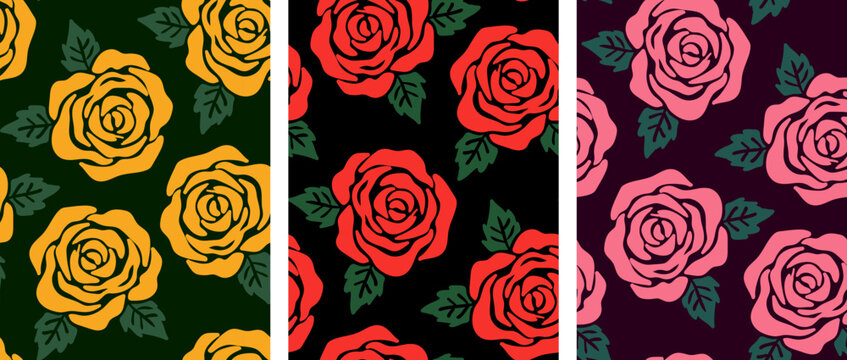 Colorful rose patterns flat stamp style botanical illustration for poster set textile design and branding