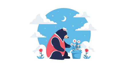 Naklejka premium Cute bear in hat and vest tending flowers under moonlit sky