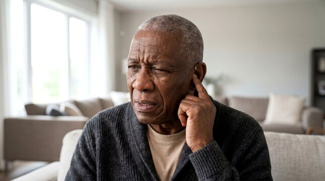 A senior African man touching his ear, experiencing hearing loss or earache pain at home