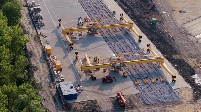 Aerial drone orbital panning shot of an industrial intermodal transshipment terminal under construction with large yellow gantry cranes and railway tracks.