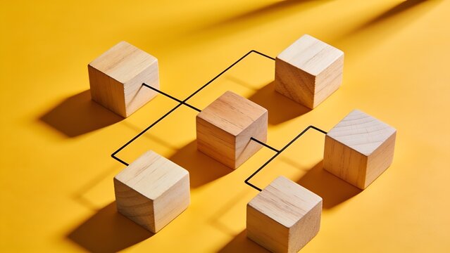 Five smooth wooden cubes arranged in a hierarchical organizational chart structure on a vibrant yellow surface captured from a high angle view for business strategy concepts