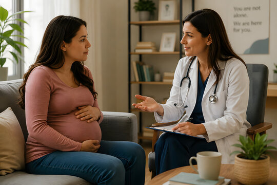 Pregnant woman discussing emotional wellbeing with a compassionate physician in a modern counseling setting, highlighting maternal mental health support and prenatal care.
