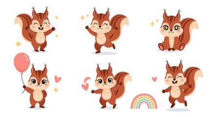 Fototapeta premium Cute Squirrel Character Set in Various Poses with Balloon and Rainbow, Cartoon Illustration