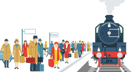 People at Train Station Platform with Steam Train Arriving, Vintage Style © Aska