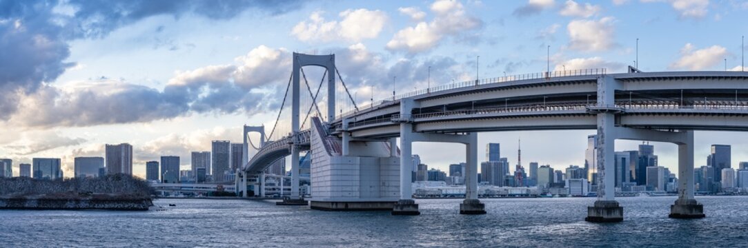 Rainbow Bridge panorama, Odaiba, Tokyo, Japan