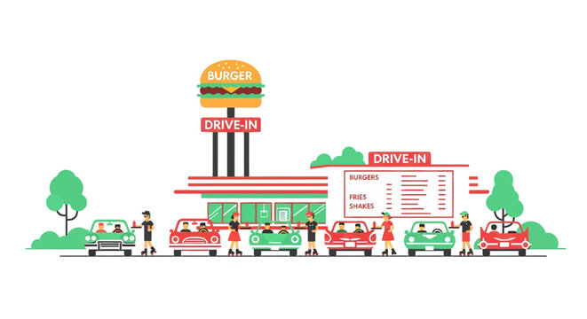 Retro Drive-In Burger Restaurant with Customers in Cars