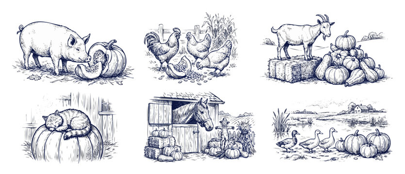 Farm animal sketch vector illustrations of rustic harvest scenes featuring pig, goat, horse, chicken, cat, and ducks with autumn pumpkins outside a barn in vintage hand-drawn engraving style artworks.