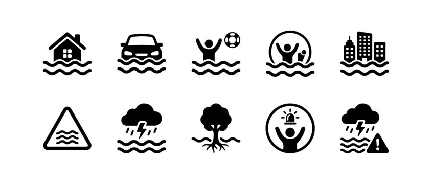Flooding icon set, flood disaster, inundation, water damage, storm emergency, rescue, warning, submerged buildings. Icons collection. vector illustration transparent PNG.