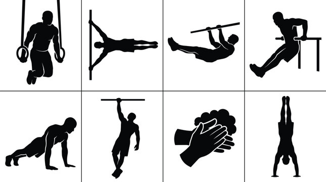 Bodyweight exercise and gymnastics icons, rings, human flag, front lever, dips, push‑ups, one‑arm hang, clapping hands, handstand illustration