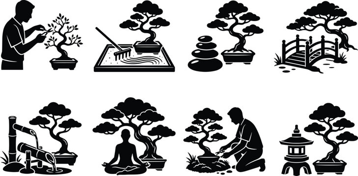 Bonsai and Japanese garden icons, trimming, sand garden, stacked stones, bridge, bamboo fountain, meditation, tending bonsai, stone lantern illustration