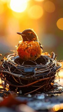 Adorable Baby Robin Nestling Bathed in Golden Hour Sunlight.