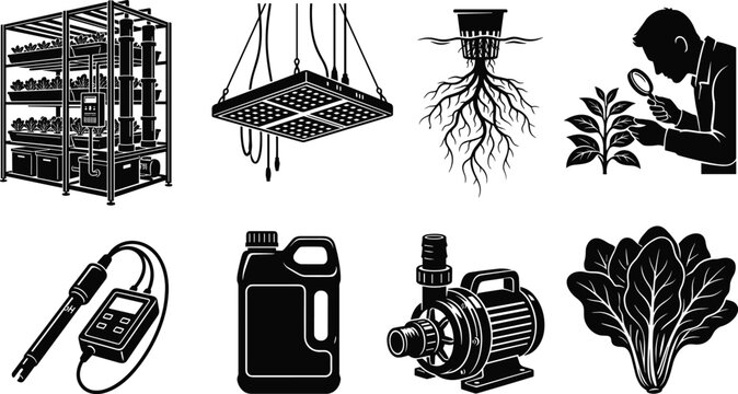 Hydroponic farming icons, growing system, LED light, plant roots, nutrient solution, water pump, pH meter, leafy vegetable illustration