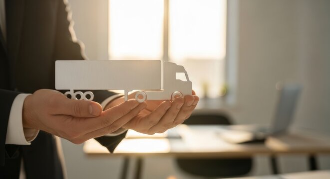 Hands holding minimalist truck model symbolizing logistics and transportation in a modern office