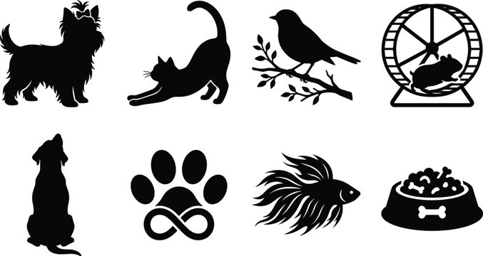 Pet and animal silhouette icons, dog, cat, bird, hamster, fish, paw print, pet food bowl, companion animal illustration