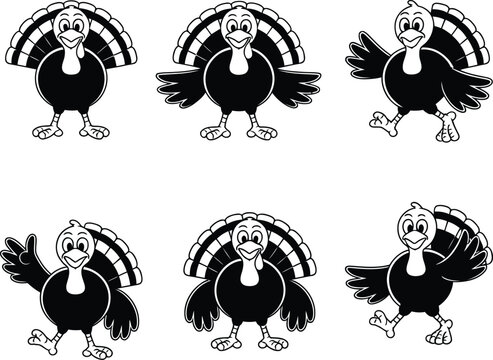 Cute Turkey Mascot Character Set - Cartoon Bird Poses