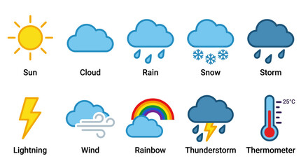 Obraz premium Colorful weather icons set with sun cloud rain snow storm.
