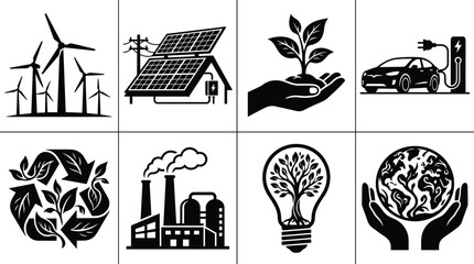 Fototapeta premium Renewable energy and sustainability icons, wind turbines, solar panels, electric car charging, recycling, eco innovation, global environmental protection illustration