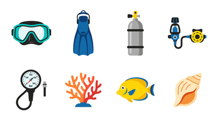 Scuba Diving Gear and Marine Life Icons Collection. © Santi