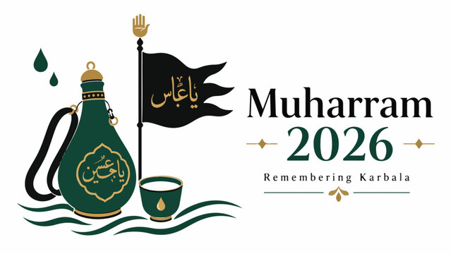 Muharram 2026 Remembering Karbala Islamic Banner with Alam Flag, Mashk, and Ya Hussain Calligraphy