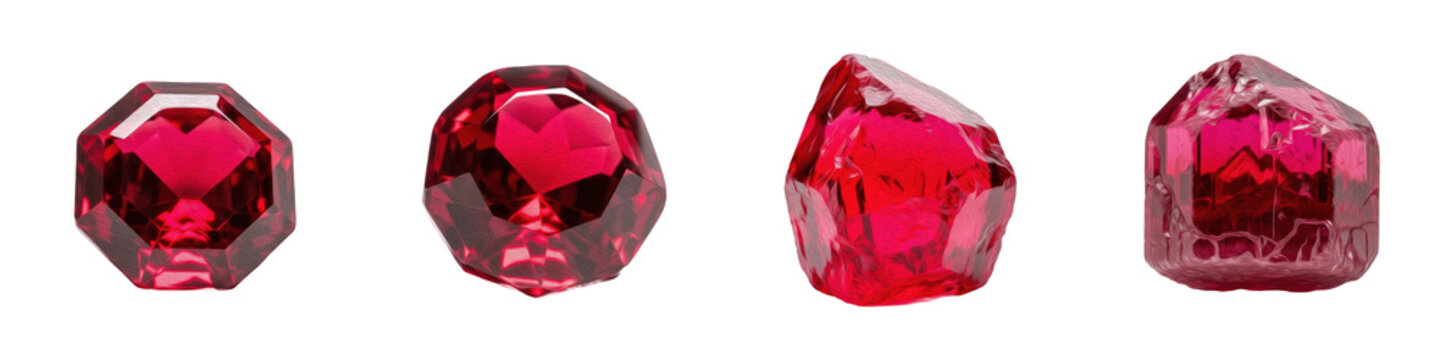 Set of 4 Red Ruby Gemstones and Crimson Crystals Isolated on White Background, 3D Render Precious Mineral Ore Assets for Game Design and Virtual Environments, Textured Natural Garnet Stone Elements fo
