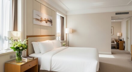 Fototapeta premium Luxury hotel suite bedroom with crisp white linens and fresh floral arrangement, serene ambiance for relaxation and comfort