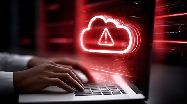 Cloud cybersecurity alert on laptop screen, digital warning icon over business hands typing, red server data panels, cloud computing risk, network security breach, system error not