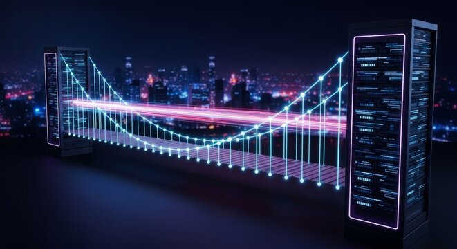 Futuristic data bridge connects server racks with glowing light trails, representing high-speed digital communication over a vibrant cityscape