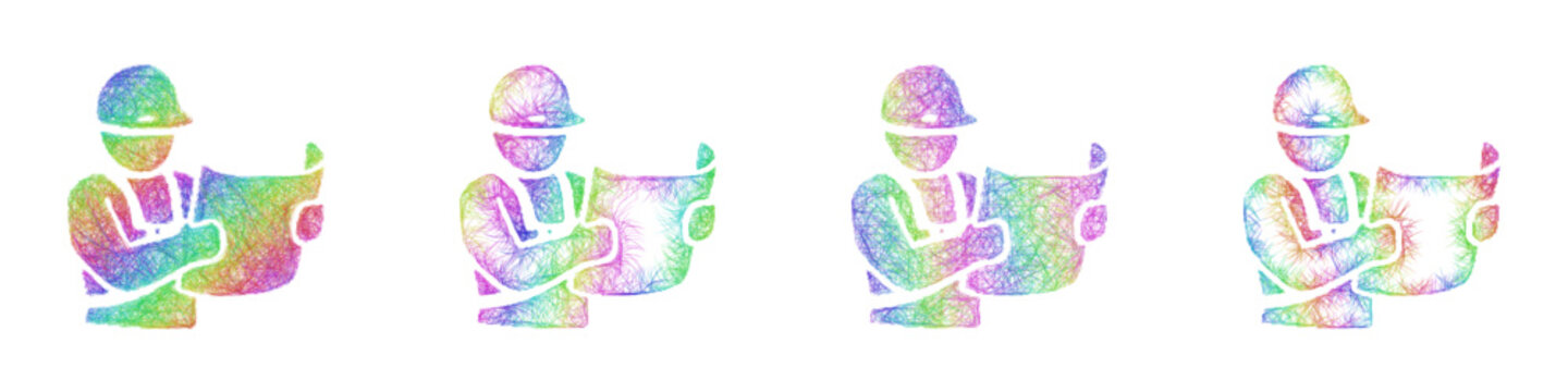Colorful sketch ironworker blueprint icon design set