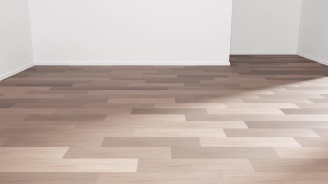 Wood Flooring Installation 3d animation. Installation of wooden laminate flooring in a modern empty room. Home renovation, interior construction, and flooring installation concepts