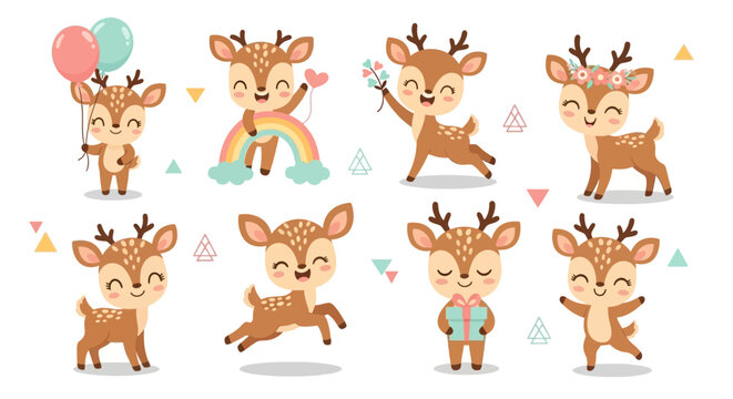 Cute Cartoon Reindeer Characters Set for Kids