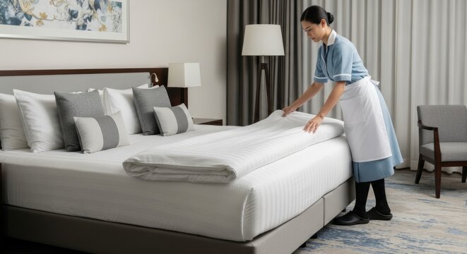Hotel maid in uniform arranging crisp white bedding and pillows on a king-size bed in a modern hotel room