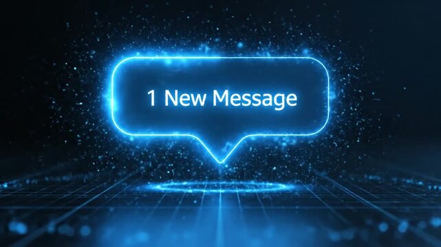 A bright neon blue notification bubble displaying '1 New Message' floats above a futuristic digital grid. Modern communication concept.