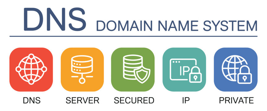 DNS server secure network icon vector illustration representing domain name system, cybersecurity protection, secure internet infrastructure, and data routing services.