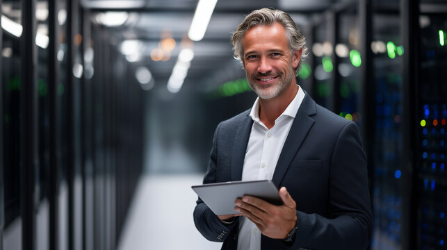 IT manager standing in modern data center server room with tablet, confident technology professional between network racks, cybersecurity infrastructure, cloud computing operations