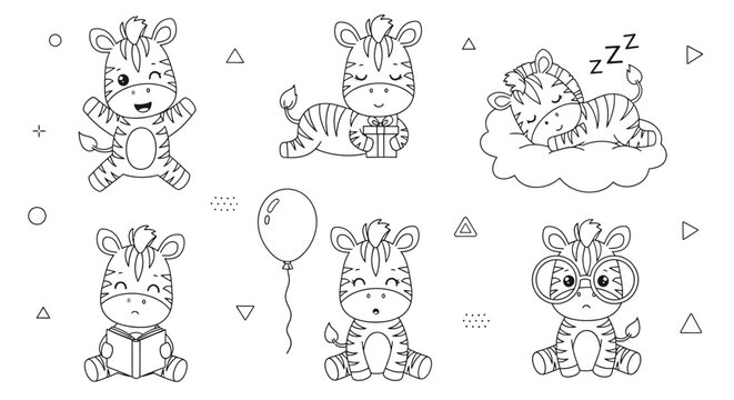 Cute baby zebra set with various activities for coloring page