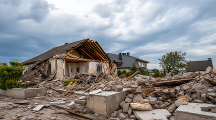 Fototapeta premium Damaged residential building ruins, aftermath of natural disaster, earthquake destruction, collapsed house, debris, structural damage, emergency, tragedy, crisis, insurance, catastrophe, property loss