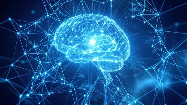 Digital human brain glowing with neural network connections. Artificial intelligence and machine learning concept. Panning shot.