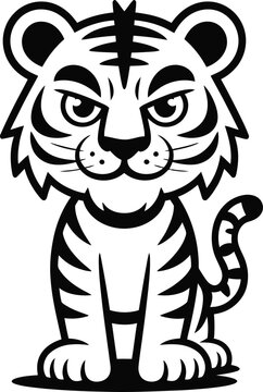 Tiger Mascot Character - Cute Cartoon Tiger Sitting Pose (Black and White)