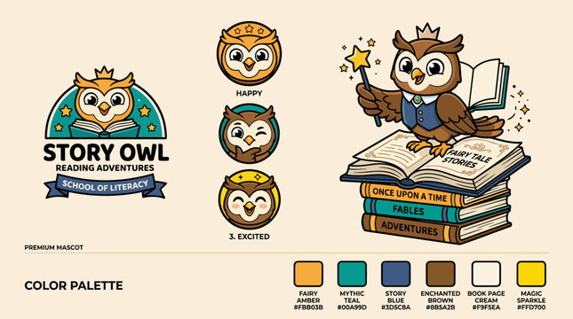 Cute owl character with books and crown.