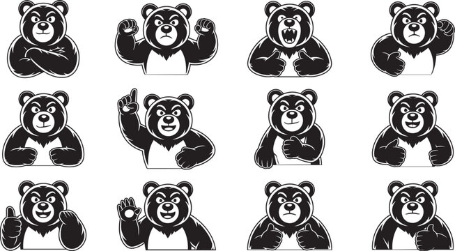 Bear Mascot Character Set - Diverse Cartoon Bear Poses in Black and White