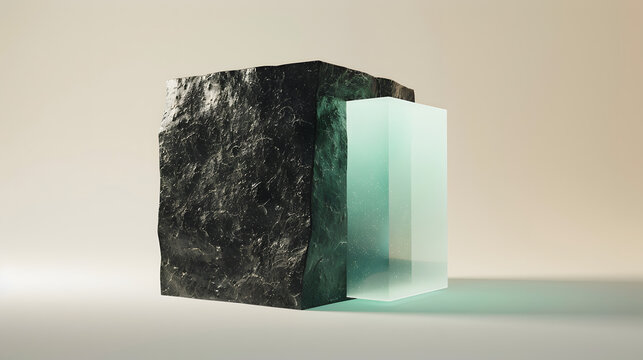 Matte dark basalt block absorbing glowing emerald green vapor